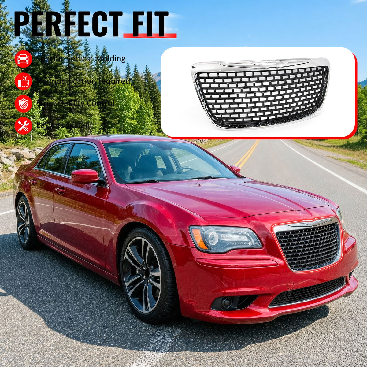 2011-2014 Chrysler 300 SRT8 Style Front Bumper Upper Grille Chrome& Gloss Black ABS Mesh Grill Replacement