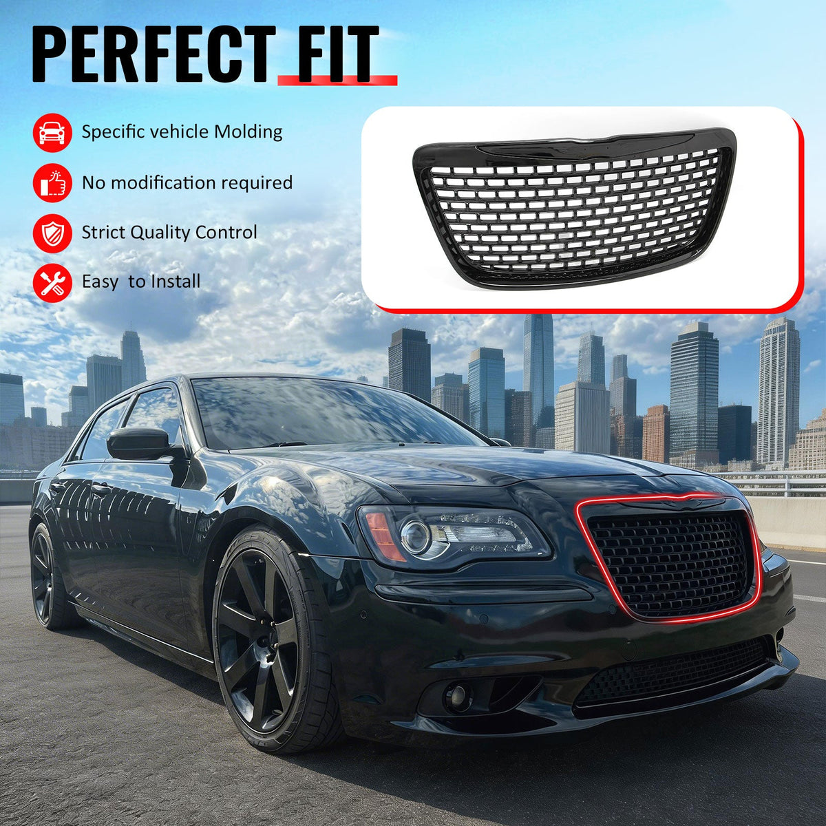 2011-2014 Chrysler 300 SRT8 Style Front Bumper Upper Grille Gloss Black ABS Mesh Grill Replacement