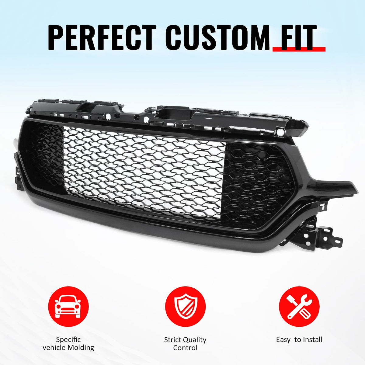 2019-2024 Ram 1500 Longhorn Honeycomb Style Gloss Black Front Bumper Grille ABS