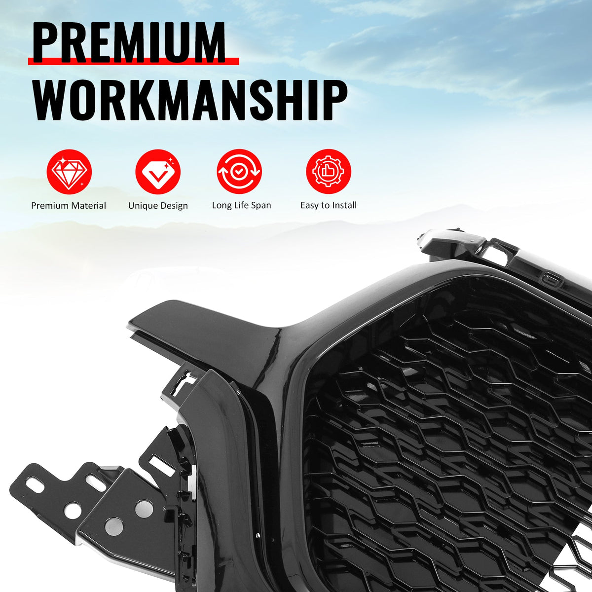 2019-2024 Ram 1500 Longhorn Honeycomb Style Gloss Black Front Bumper Grille ABS