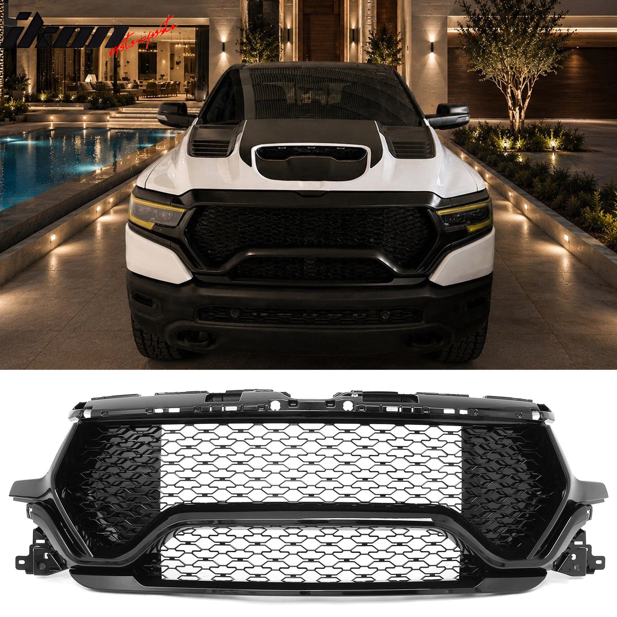 2019-2024 Ram 1500 Longhorn TRX Style Gloss Black Front Bumper Grille ABS