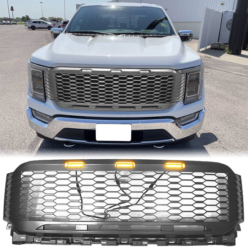 2021-2023 Ford F-150 Grill R Style Front Mesh Car Grille w/ LED ABS