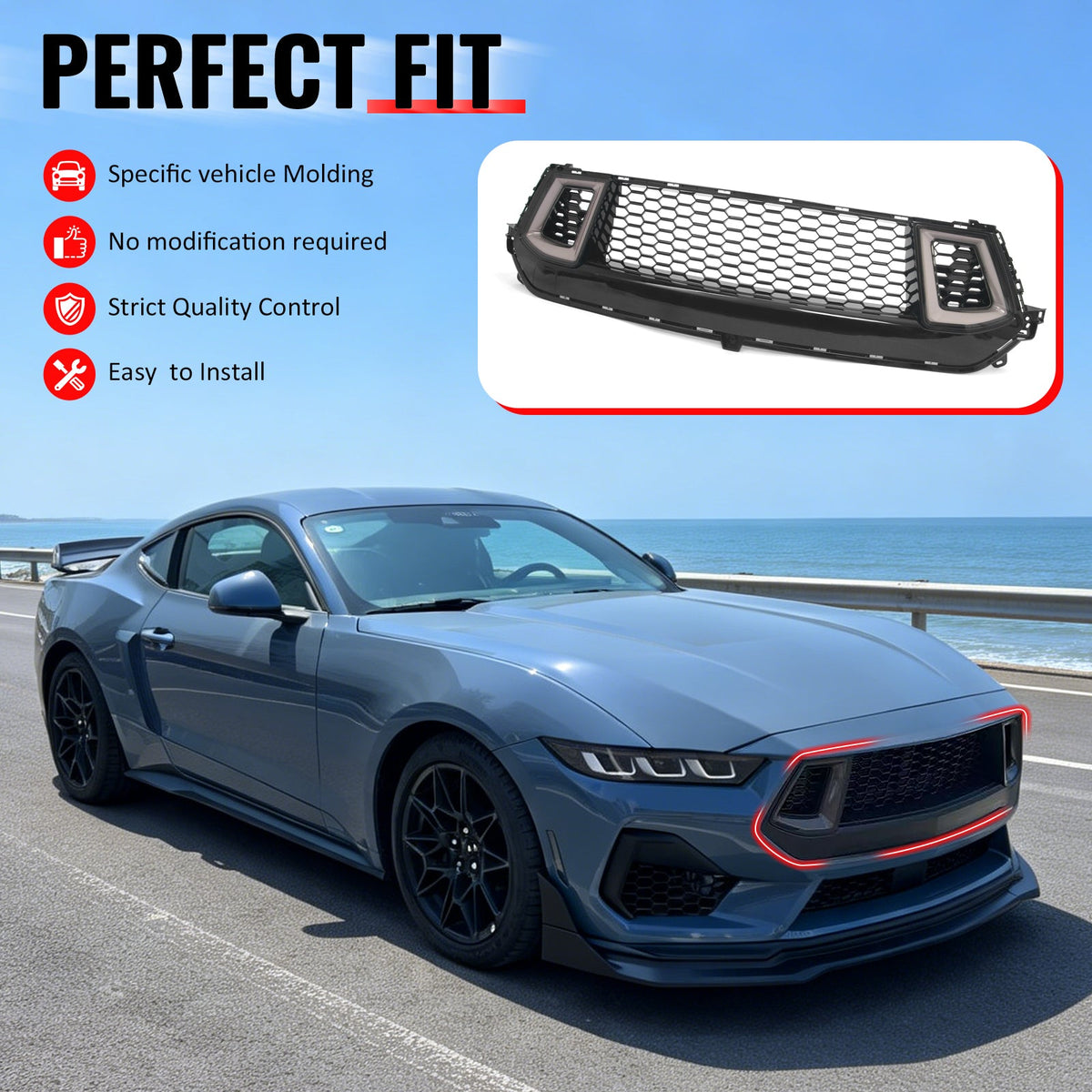 2024-2026 Ford Mustang Front Upper LED Grille Gloss Black ABS V2 Style