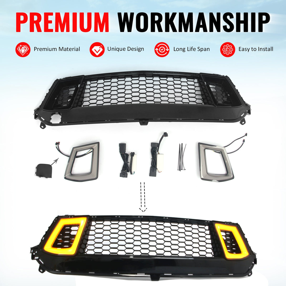 2024-2026 Ford Mustang Front Upper LED Grille Gloss Black ABS V2 Style