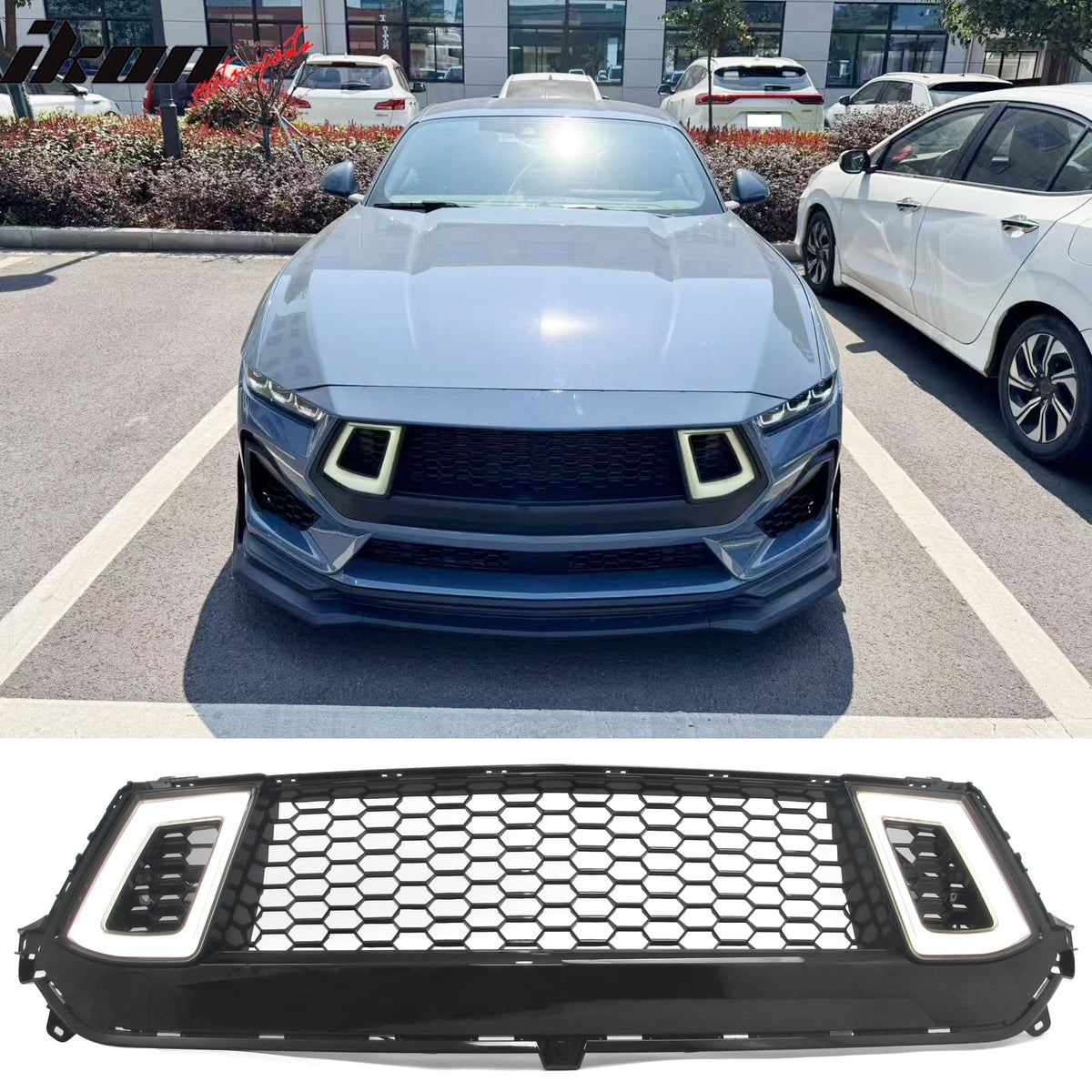 2024-2026 Ford Mustang Front Upper LED Grille Gloss Black ABS V2 Style