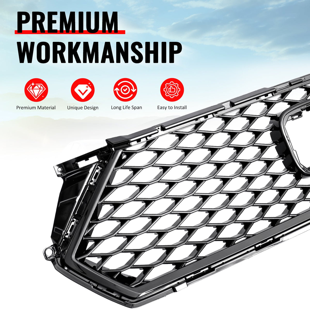 2023-2026 Honda Accord 11th Gen Front Bumper Upper Hood Honeycomb Grille Replacement TR Style ASB Plastic Gloss Black