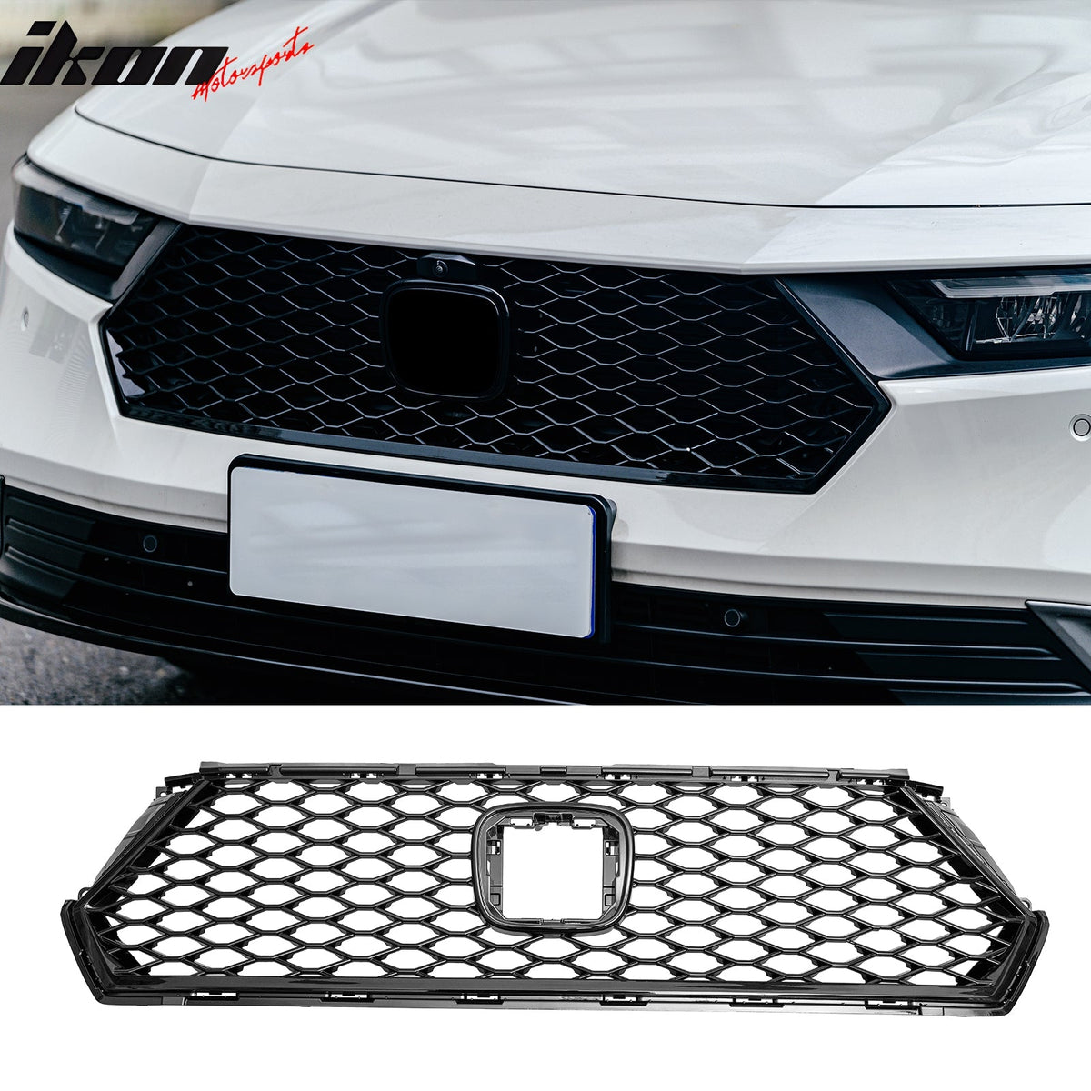 2023-2026 Honda Accord 11th Gen Front Bumper Upper Hood Honeycomb Grille Replacement TR Style ASB Plastic Gloss Black