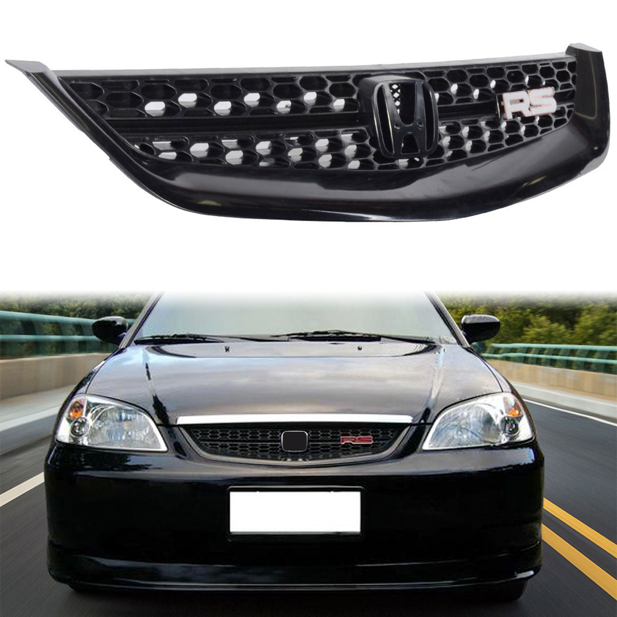 Front Bumper Grille for Honda Civic 2001-2003 RS Style Unpainted Black ABS