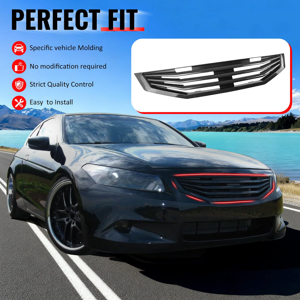 2008-2010 Honda Accord Coupe 2-Door Mugen Style Front Bumper Upper Grille Replacement Carbon Fiber Print ABS