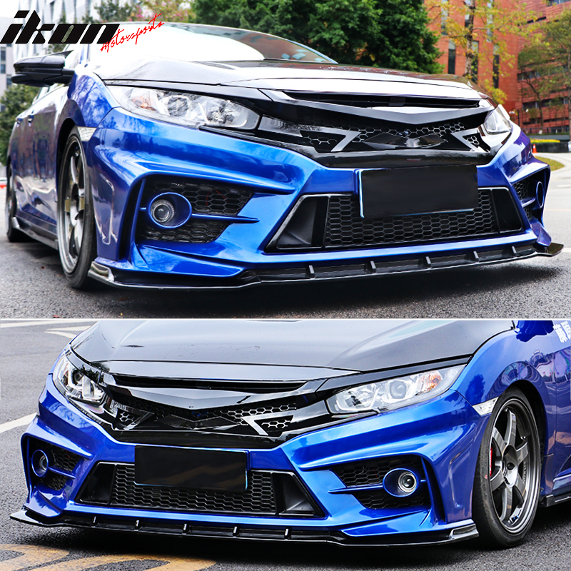 2016-2021 Honda Civic IKON Style Gloss Black Front Bumper Grille ABS
