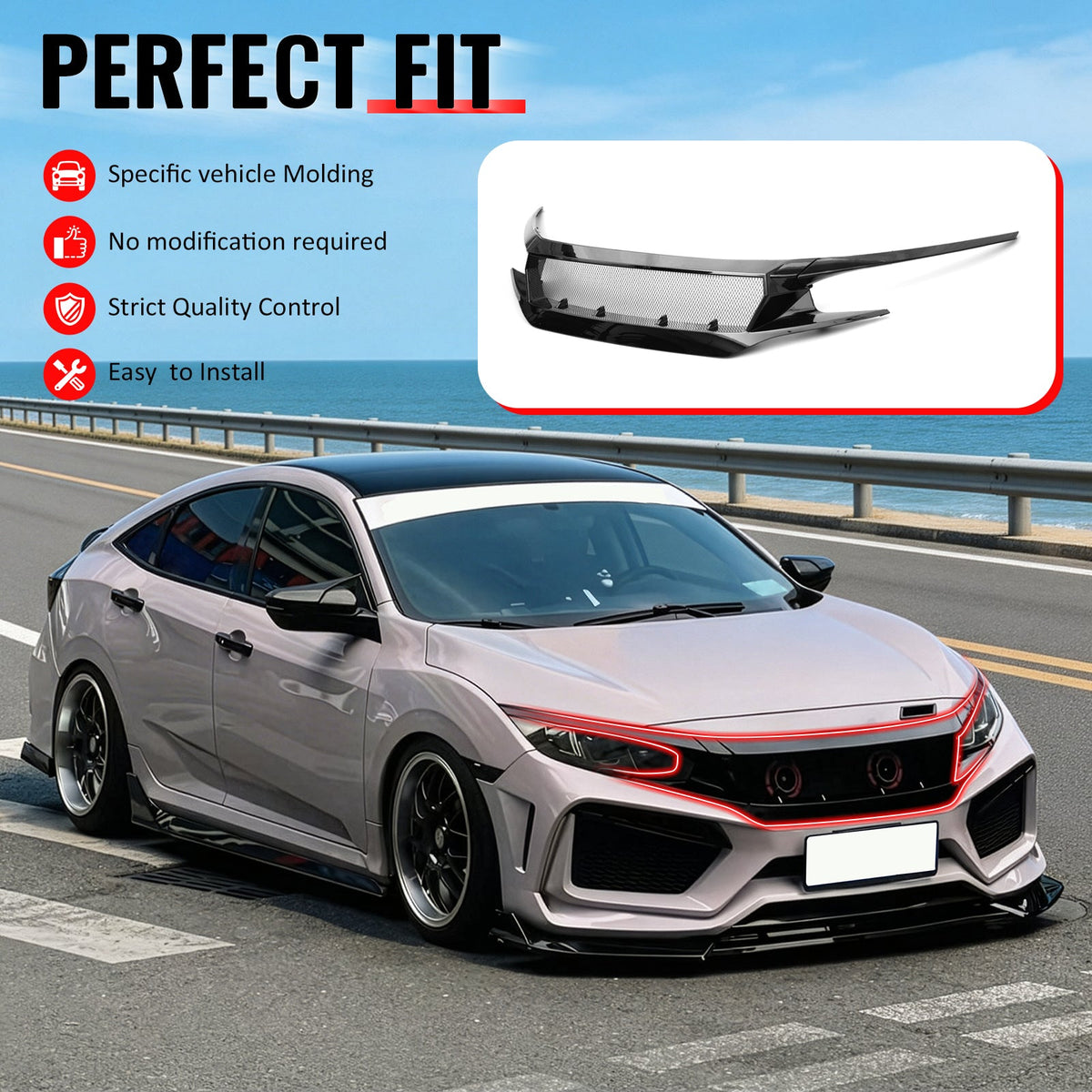 High Flow Front Bumper Upper Hood Mesh Grille for Honda Civic 2016-2018 & Hatchback/Si 2019-2021 3PCS JDM Style ASB Plastic Gloss Black