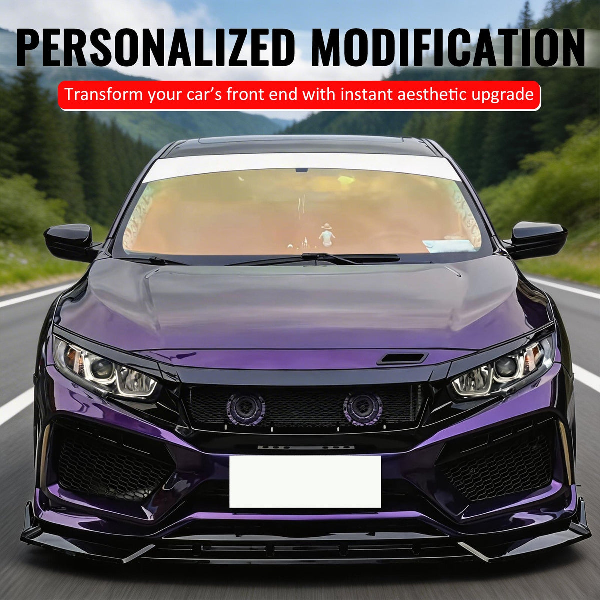 High Flow Front Bumper Upper Hood Mesh Grille for Honda Civic 2016-2018 & Hatchback/Si 2019-2021 3PCS JDM Style ASB Plastic Gloss Black