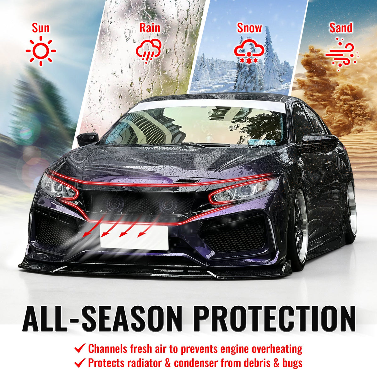 High Flow Front Bumper Upper Hood Mesh Grille for Honda Civic 2016-2018 & Hatchback/Si 2019-2021 3PCS JDM Style ASB Plastic Gloss Black