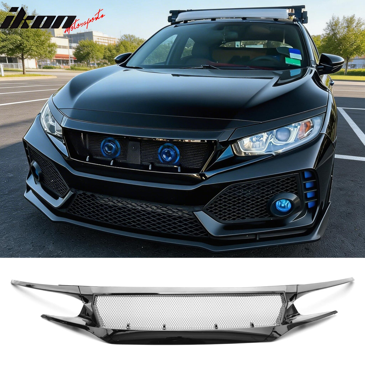 High Flow Front Bumper Upper Hood Mesh Grille for Honda Civic 2016-2018 & Hatchback/Si 2019-2021 3PCS JDM Style ASB Plastic Gloss Black