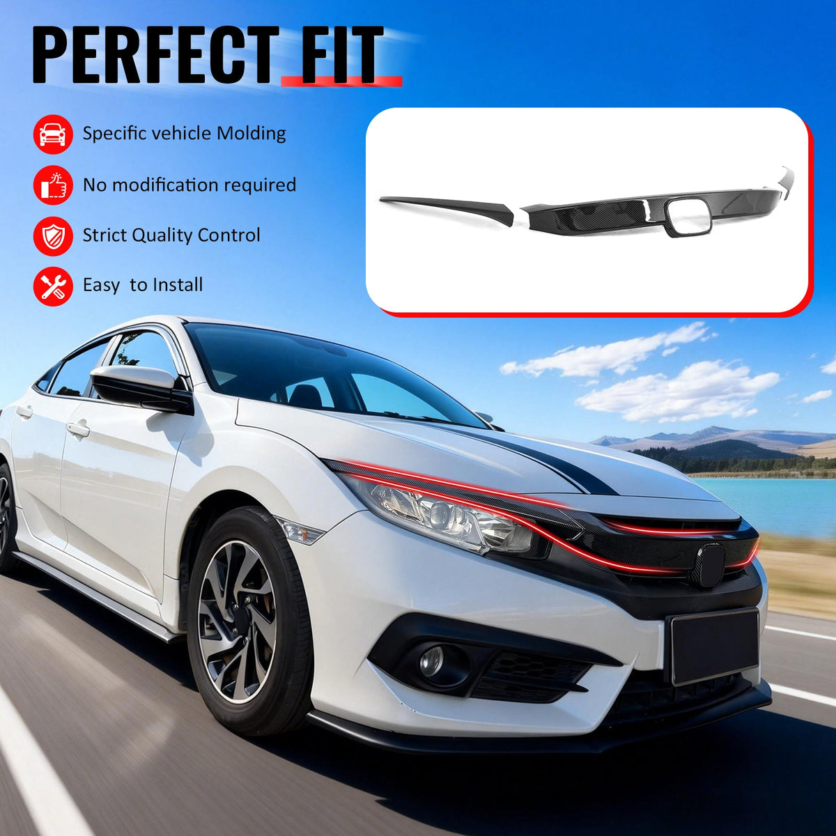2016-2021 Honda Civic OE Style Carbon Fiber Print Grille Cover ABS