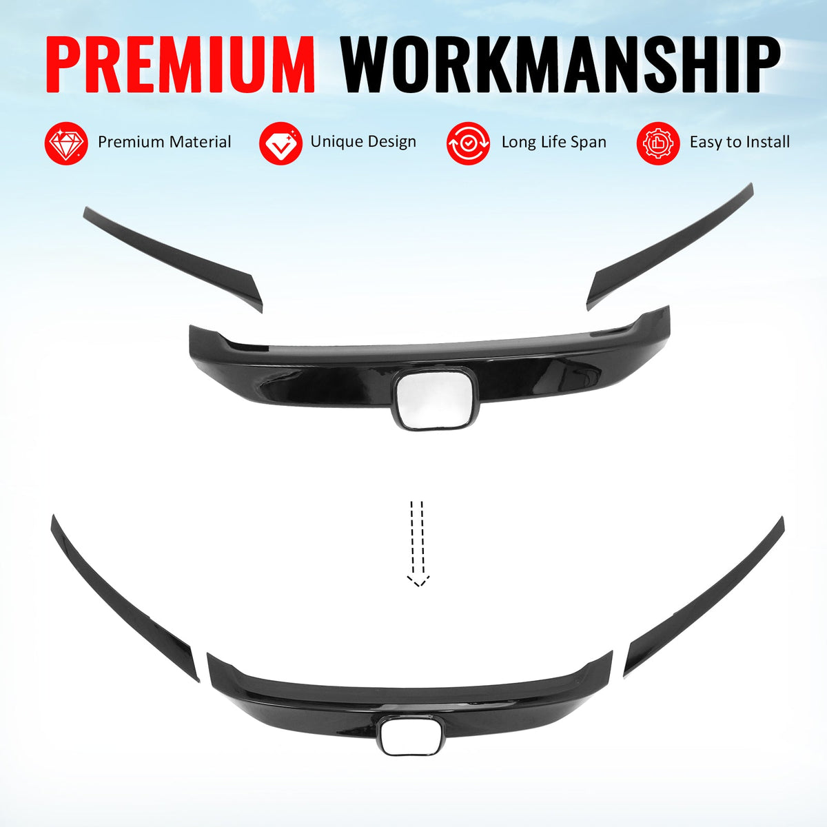 Bumper Grille Cover for Honda Civic 2016-2021 OE Style Gloss Black ABS