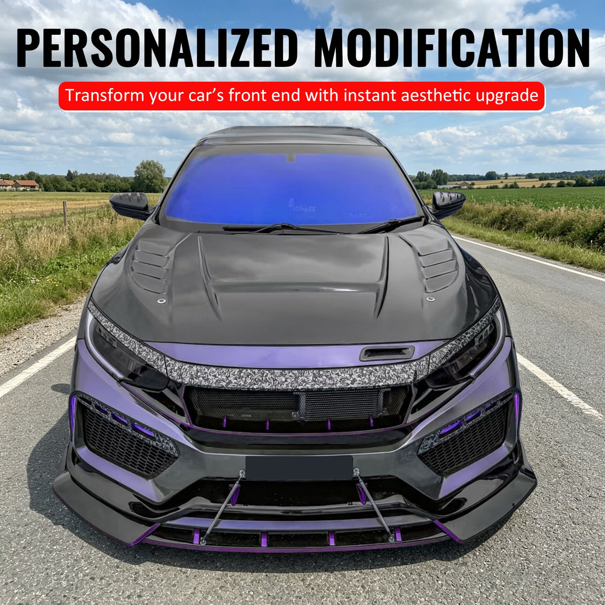 2019-2021 Honda Civic Sedan & Coupe Non-Si JDM Style High Flow Front Bumper Upper Grille Replacement Gloss Black ABS