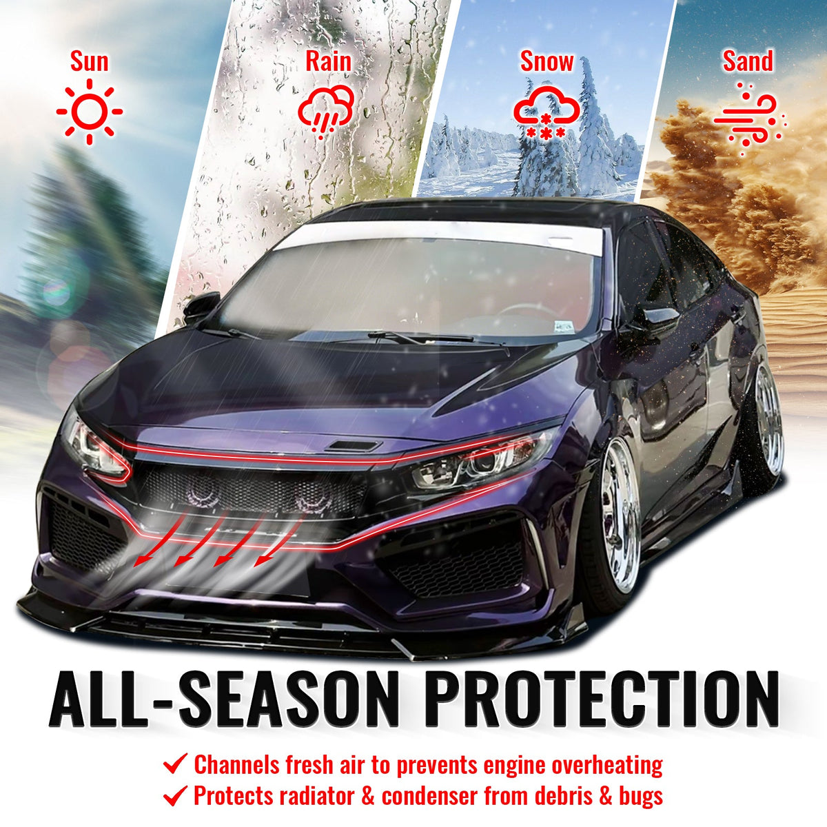 2019-2021 Honda Civic Sedan & Coupe Non-Si JDM Style High Flow Front Bumper Upper Grille Replacement Gloss Black ABS