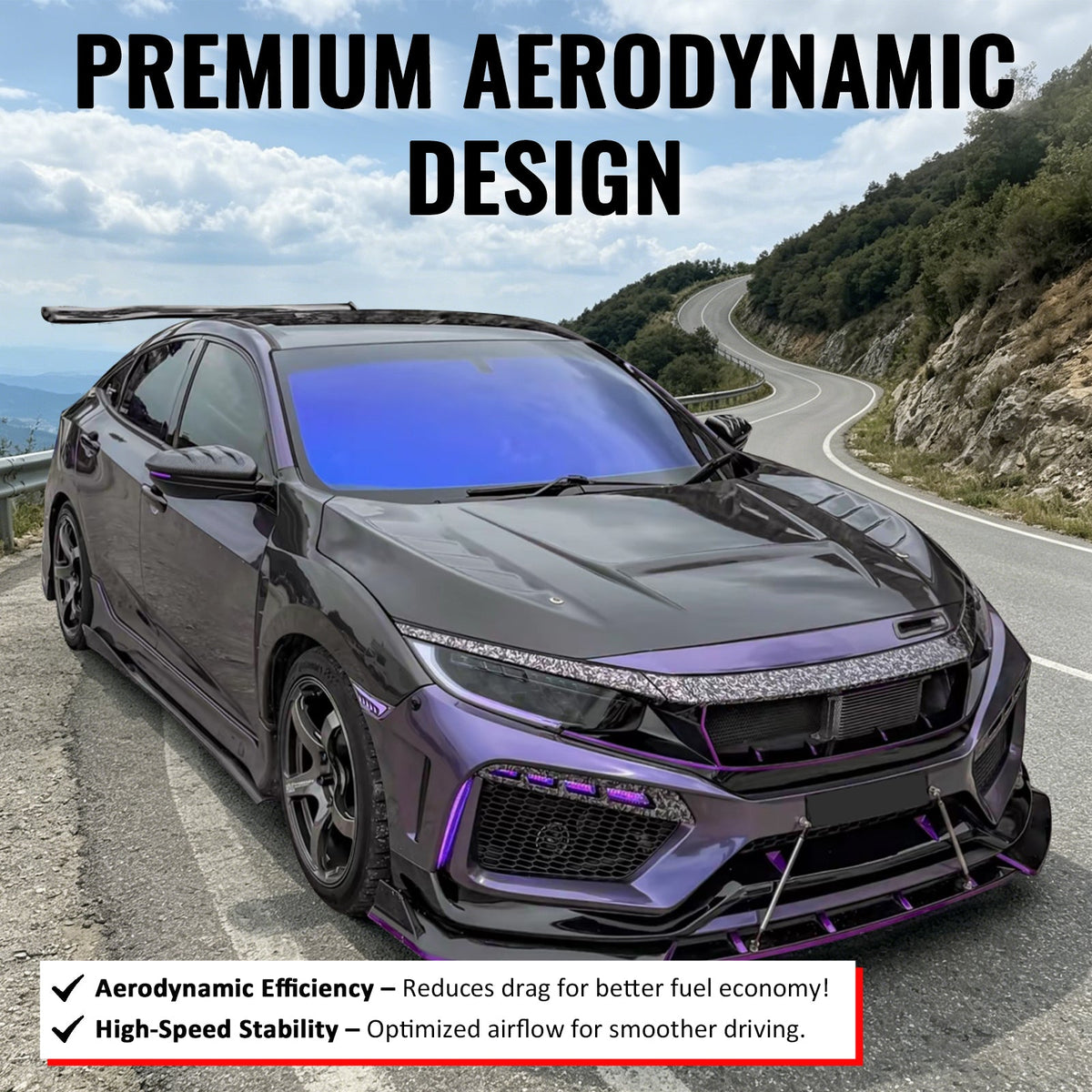 2019-2021 Honda Civic Sedan & Coupe Non-Si JDM Style High Flow Front Bumper Upper Grille Replacement Gloss Black ABS