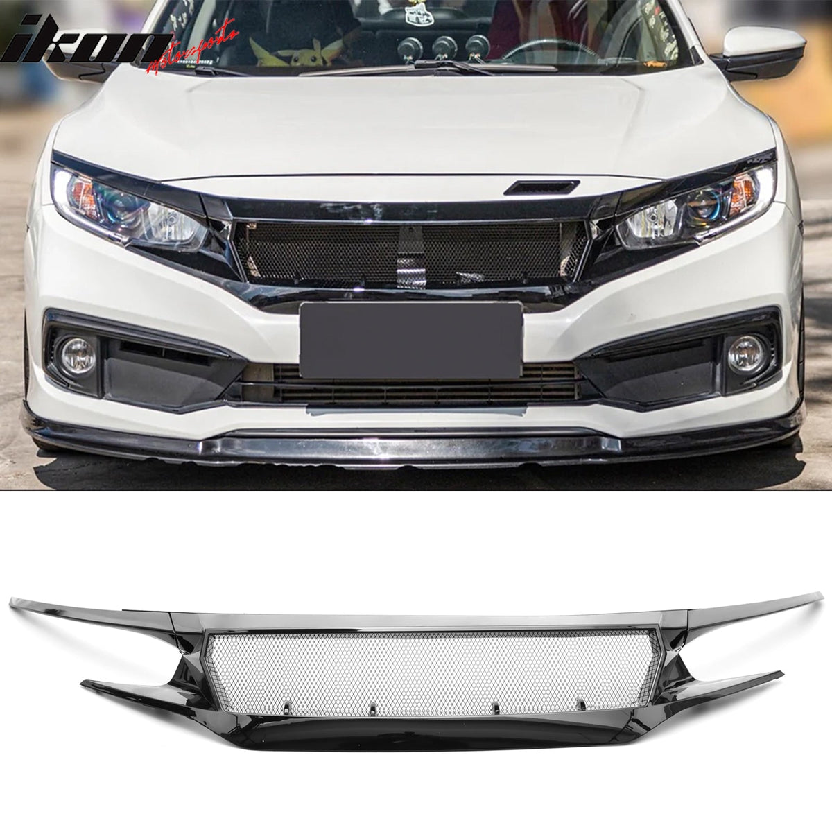 2019-2021 Honda Civic Sedan & Coupe Non-Si JDM Style High Flow Front Bumper Upper Grille Replacement Gloss Black ABS