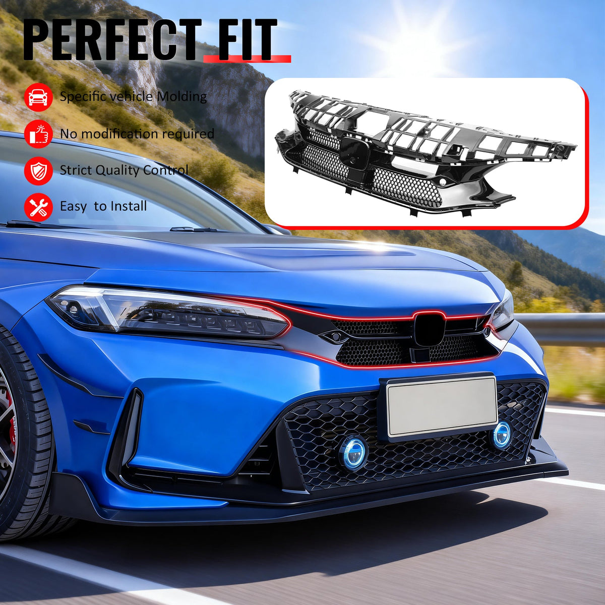 2022-2024 Honda Civic 11th Gen Hatchback & Si Front Bumper Upper Hood Honeycomb Grille Replacement Varis Style ASB Plastic Gloss Black