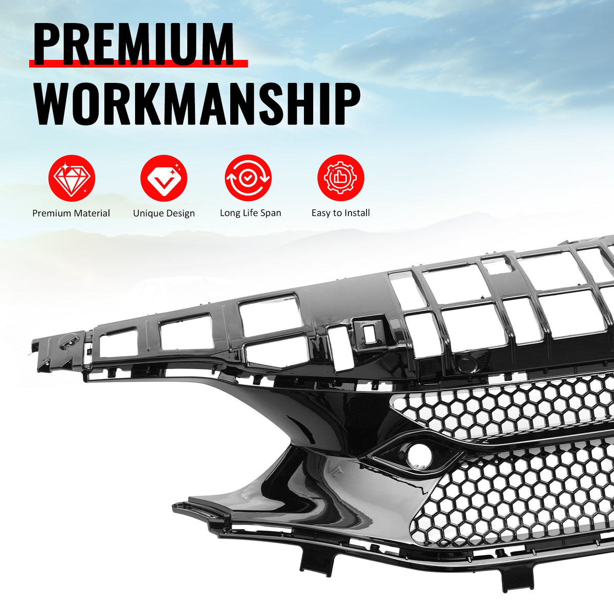 2022-2024 Honda Civic 11th Gen Hatchback & Si Front Bumper Upper Hood Honeycomb Grille Replacement Varis Style ASB Plastic Gloss Black