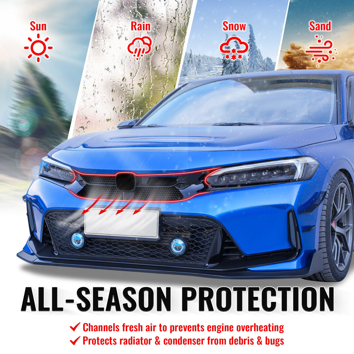 2022-2024 Honda Civic 11th Gen Hatchback & Si Front Bumper Upper Hood Honeycomb Grille Replacement Varis Style ASB Plastic Gloss Black