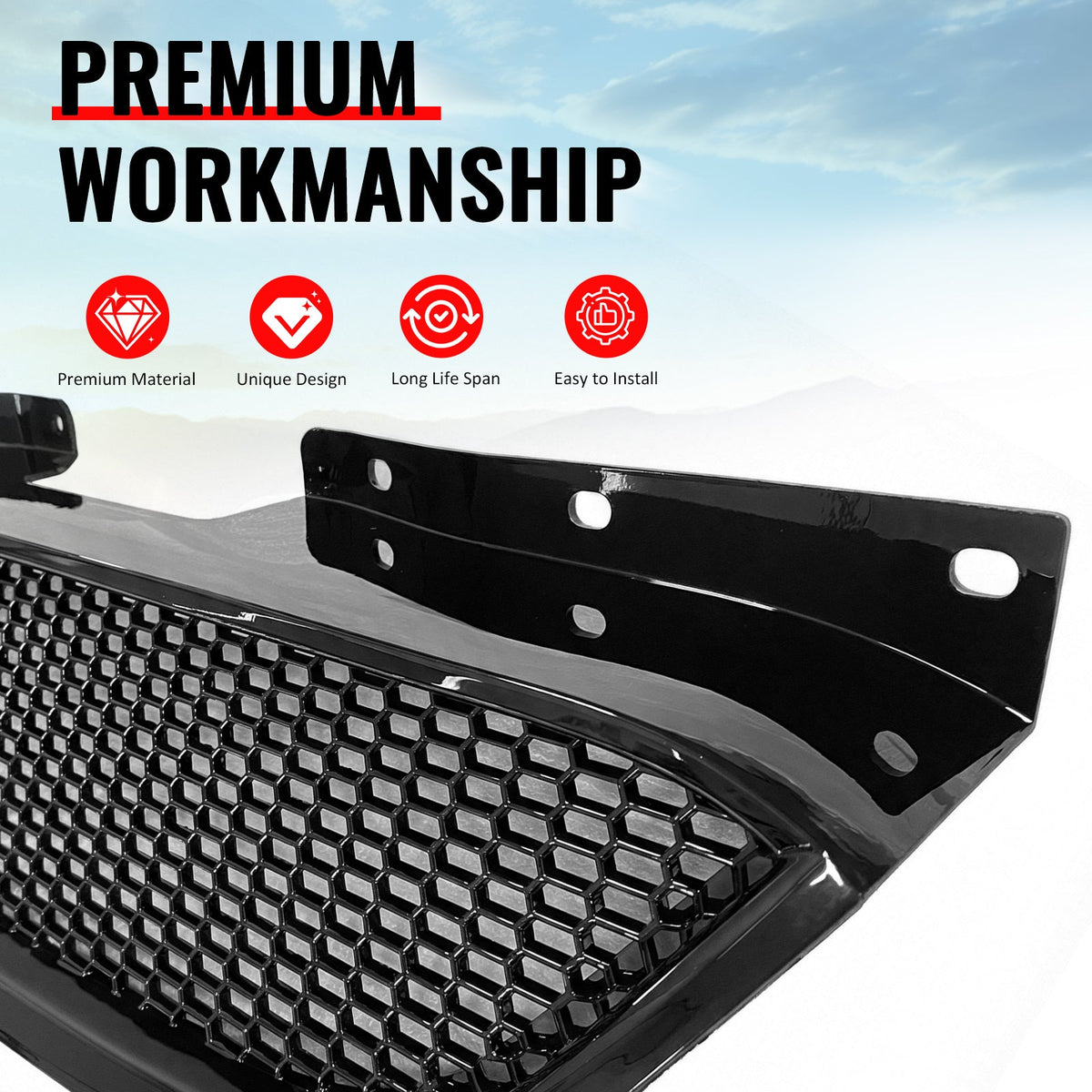 2010-2012 Hyundai Genesis Coupe Honeycomb Style Front Bumper Upper Grille Replacement Gloss Black ABS