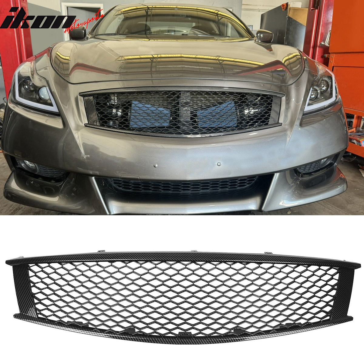 2008-2013 Infiniti G37 Coupe & 2014-2015 Q60 Honeycomb Style Front Bumper Upper Grille Replacement Carbon Fiber Print ABS