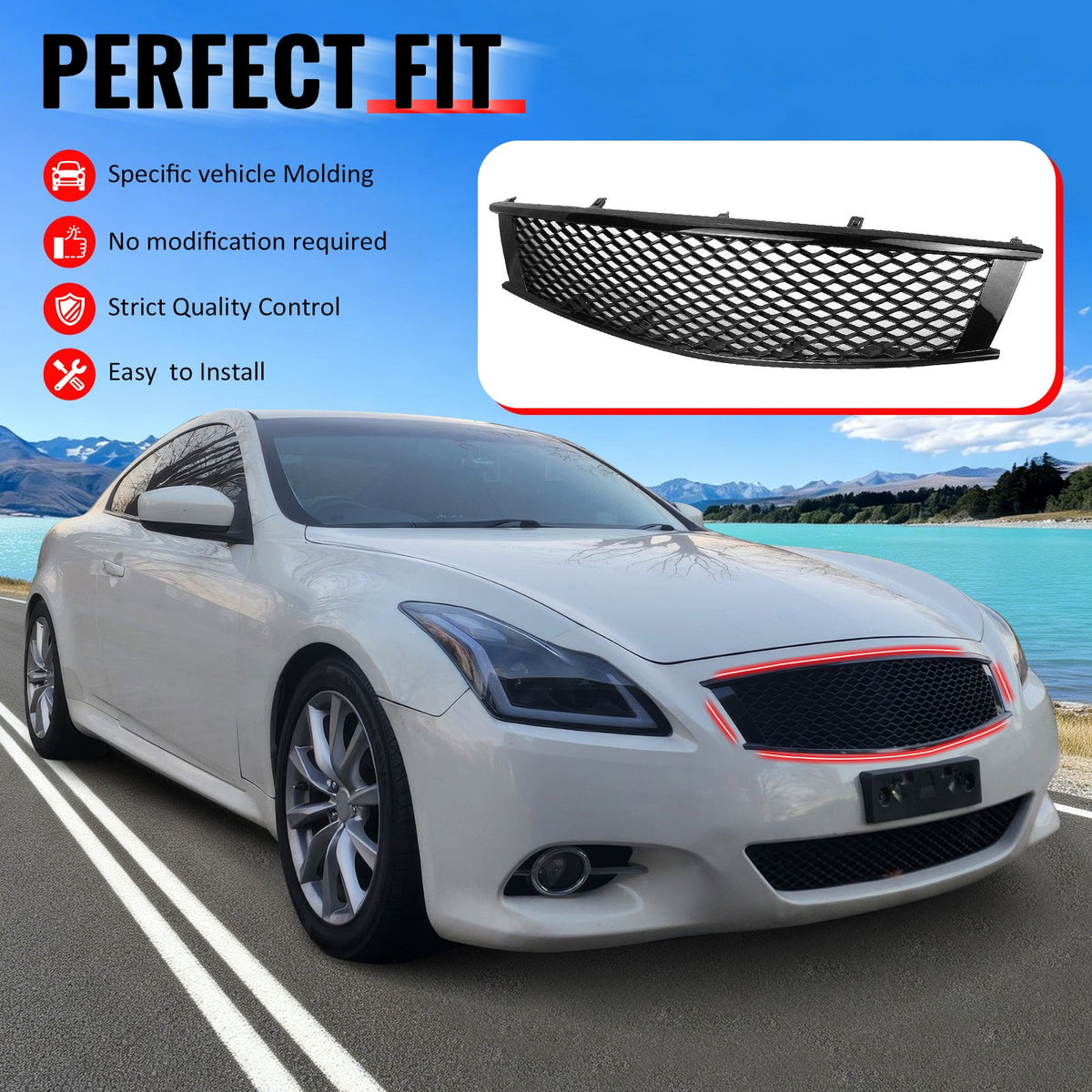 2008-2013 Infiniti G37 Coupe & 2014-2015 Q60 Honeycomb Style Front Bumper Upper Grille Replacement Gloss Black ABS