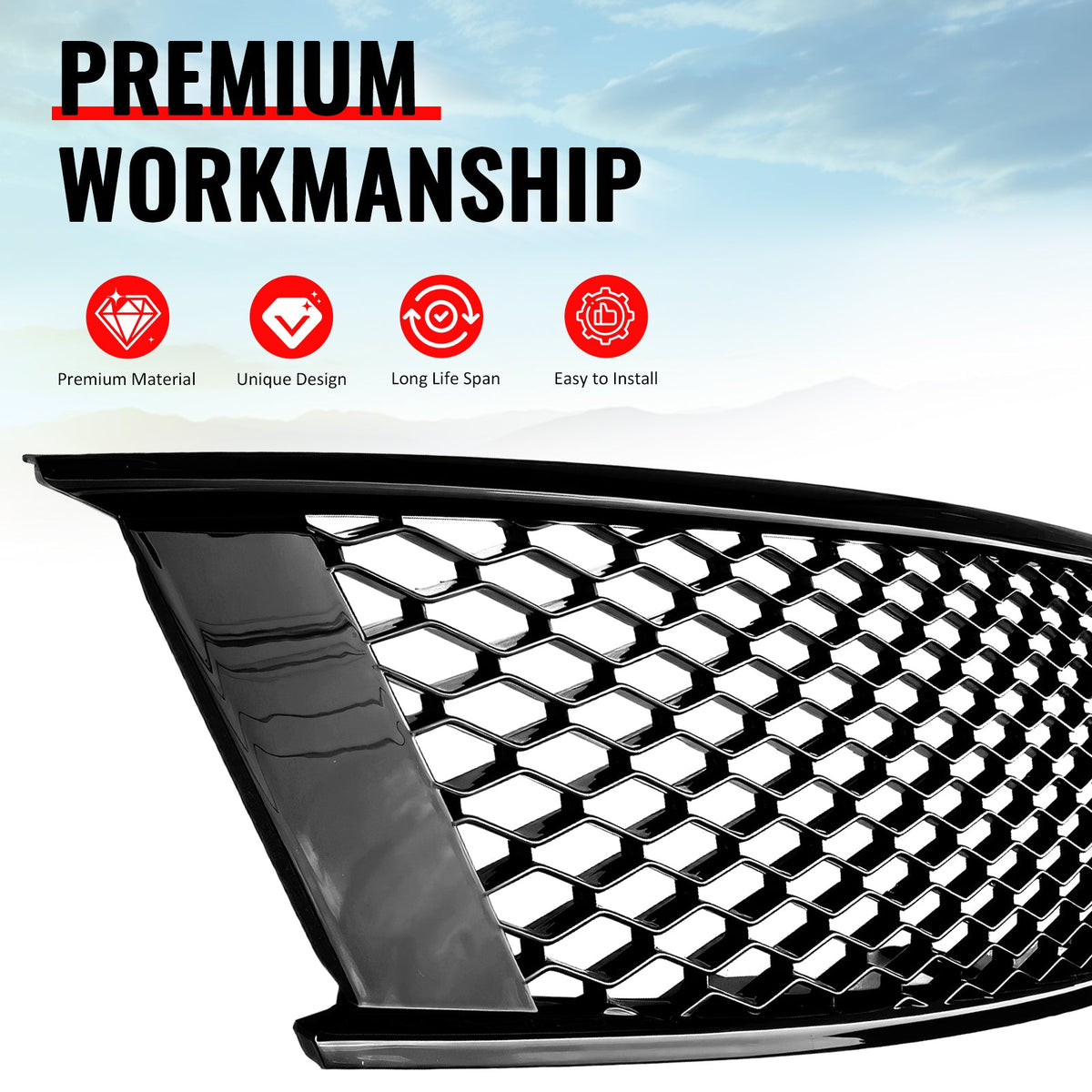 2008-2013 Infiniti G37 Coupe & 2014-2015 Q60 Honeycomb Style Front Bumper Upper Grille Replacement Gloss Black ABS