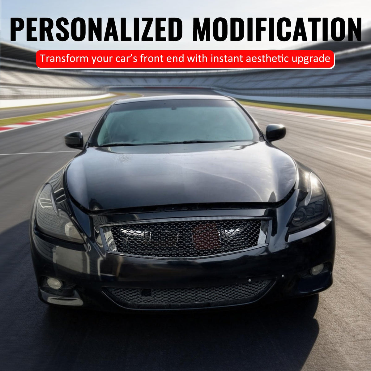 2008-2013 Infiniti G37 Coupe & 2014-2015 Q60 Honeycomb Style Front Bumper Upper Grille Replacement Gloss Black ABS