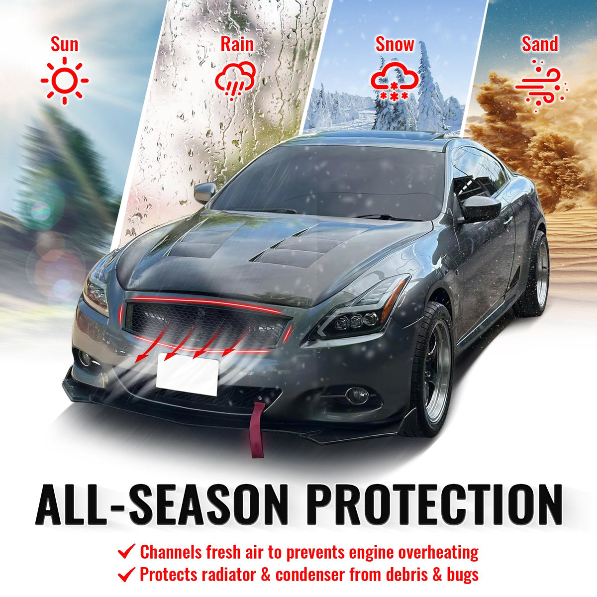 2008-2013 Infiniti G37 Coupe & 2014-2015 Q60 Honeycomb Style Front Bumper Upper Grille Replacement Gloss Black ABS