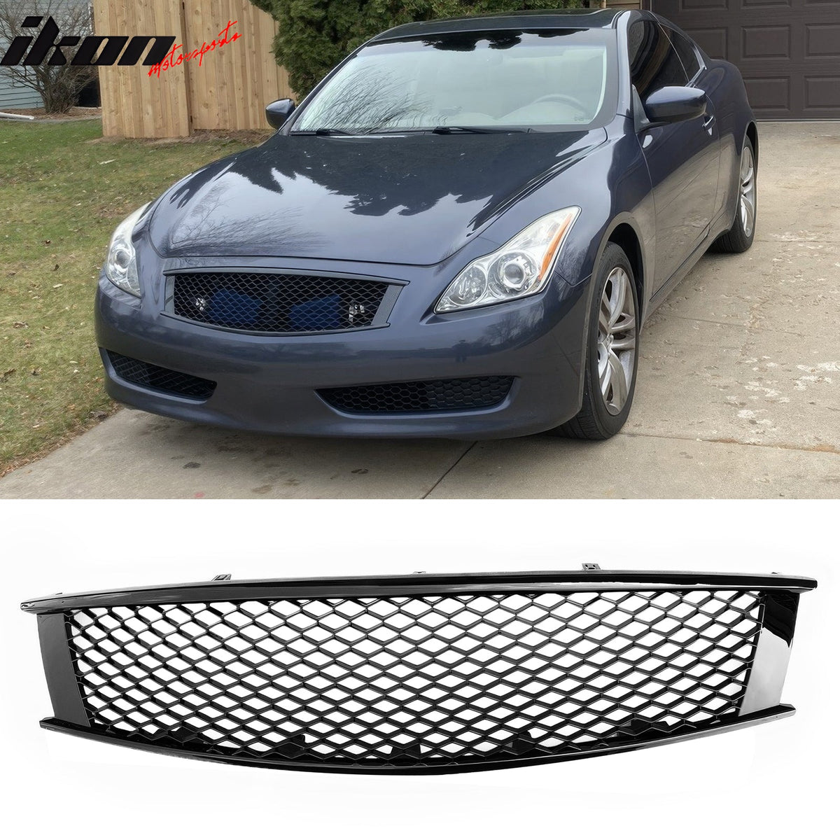 2008-2013 Infiniti G37 Coupe & 2014-2015 Q60 Honeycomb Style Front Bumper Upper Grille Replacement Gloss Black ABS