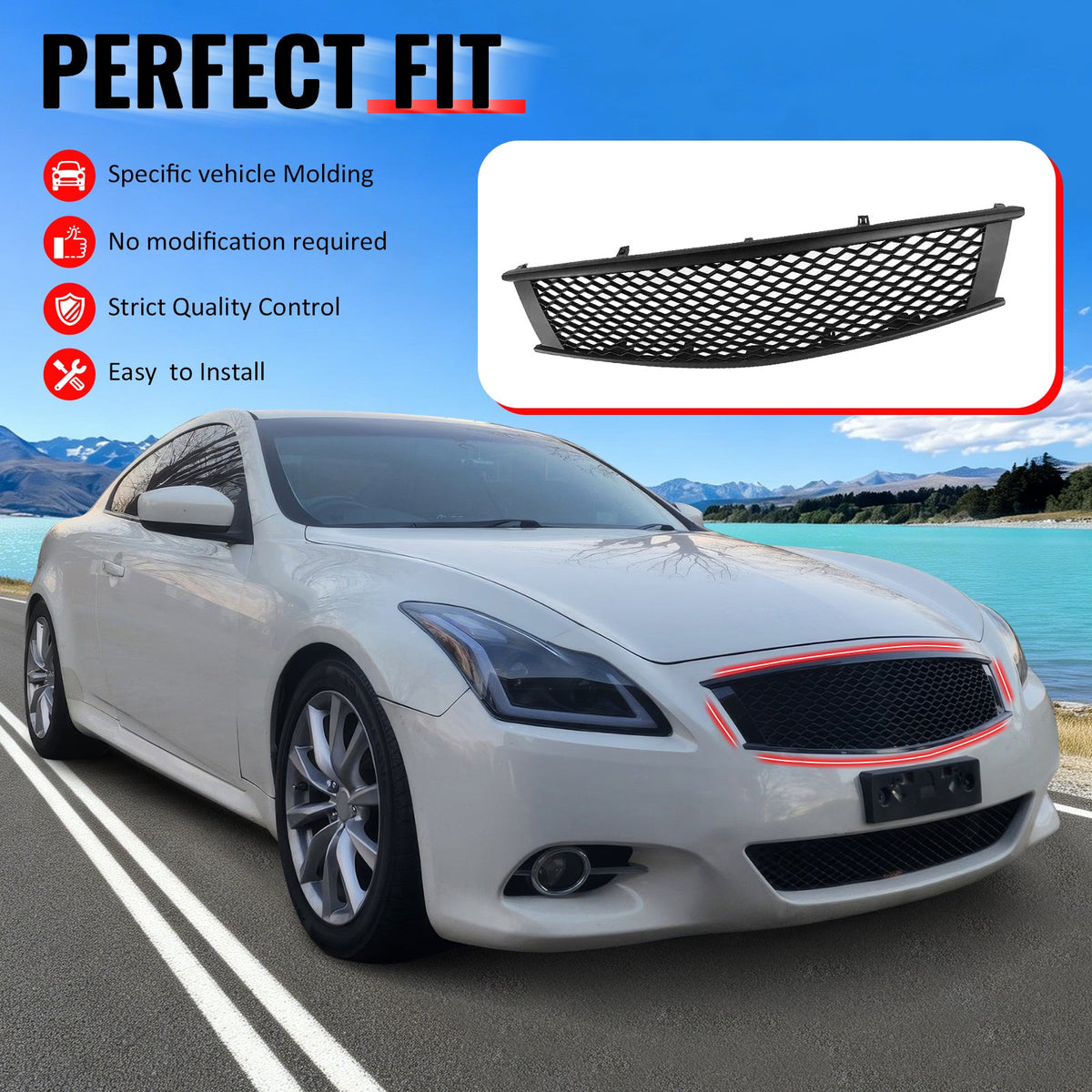 2008-2013 Infiniti G37 Coupe & 2014-2015 Q60 Honeycomb Style Front Bumper Upper Grille Replacement Matte Black ABS