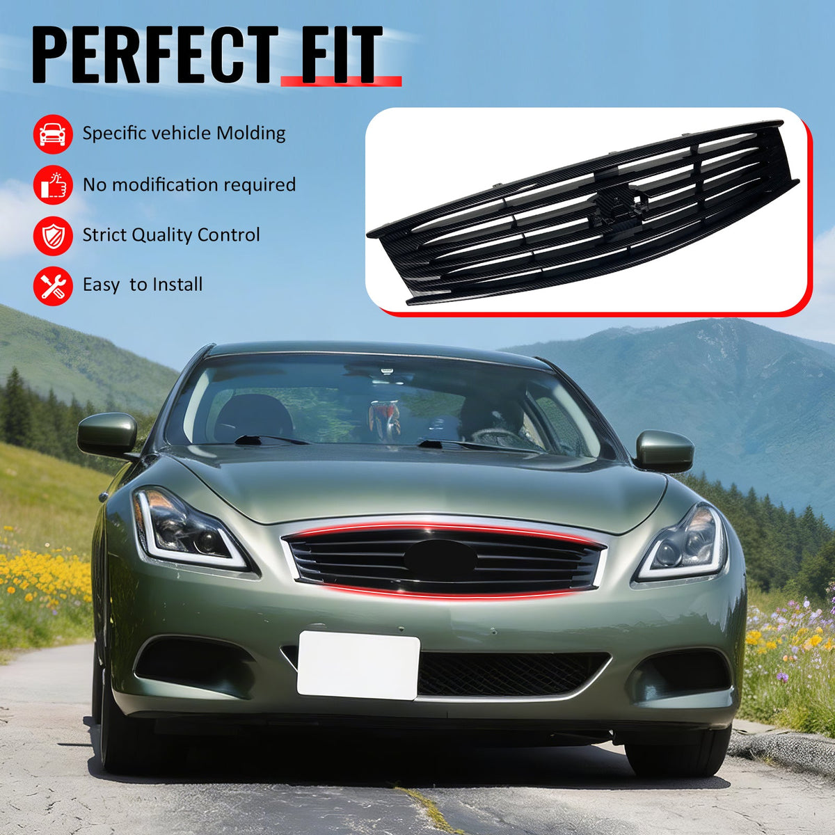 2008-2013 Infiniti G37 Coupe & 2014-2015 Q60 OE Style Front Bumper Upper Grille Replacement Carbon Fiber Print ABS