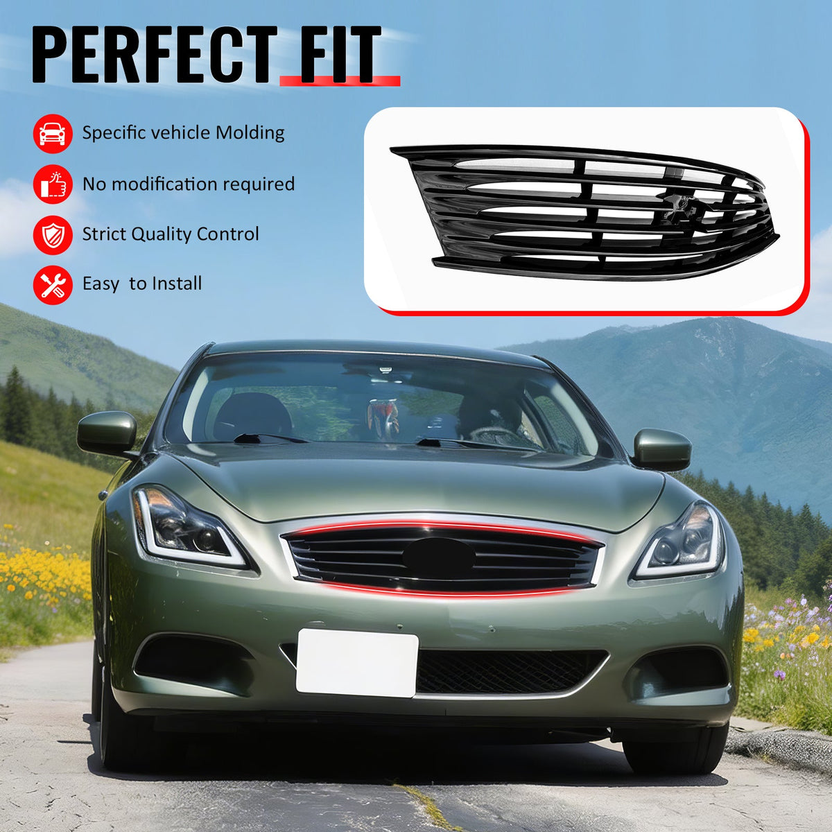 2008-2013 Infiniti G37 Coupe & 2014-2015 Q60 OE Style Front Bumper Upper Grille Replacement Gloss Black ABS