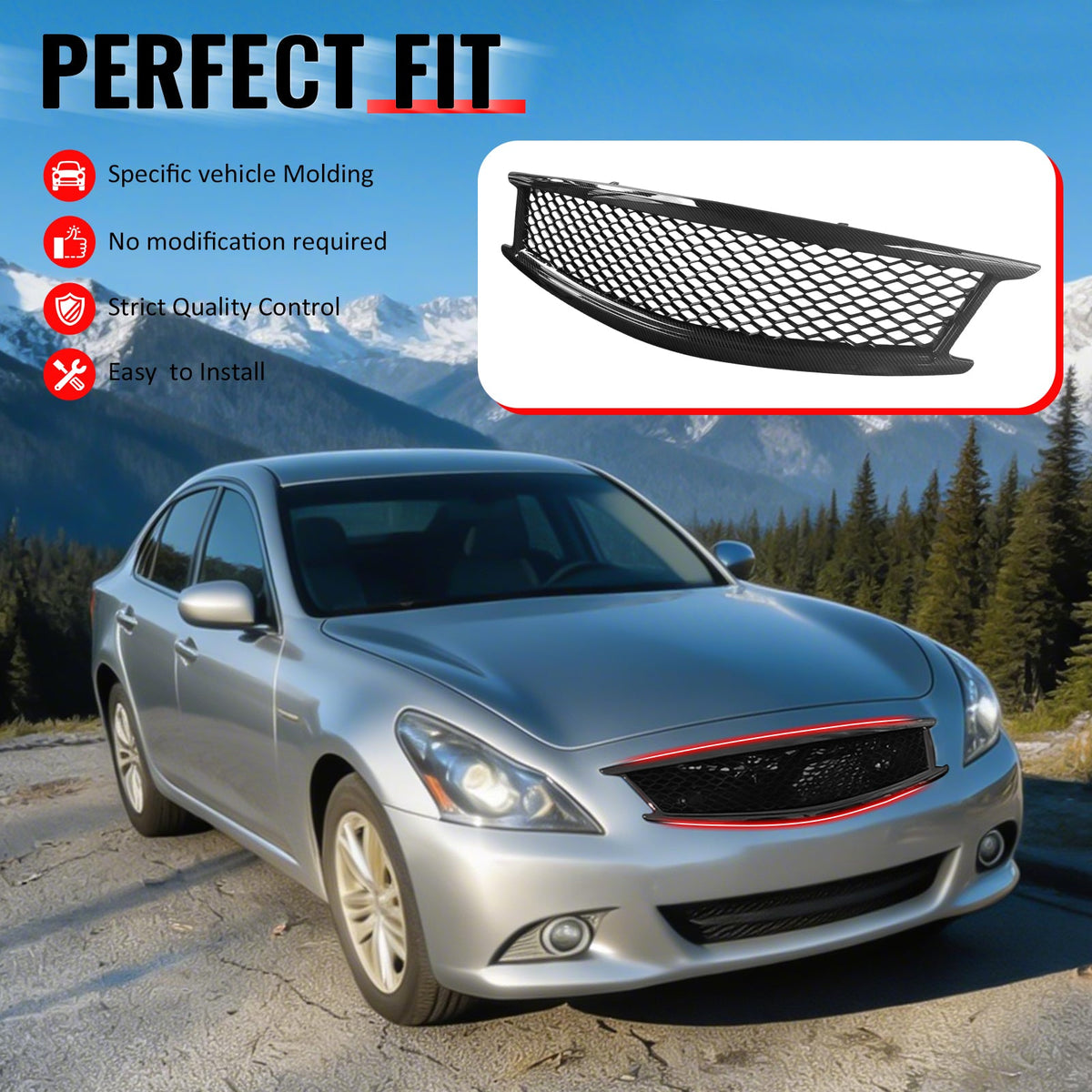 2010-2015 Infiniti G37 G25 Q40 Sedan Honeycomb Style Front Bumper Upper Grille Replacement Carbon Fiber Print ABS