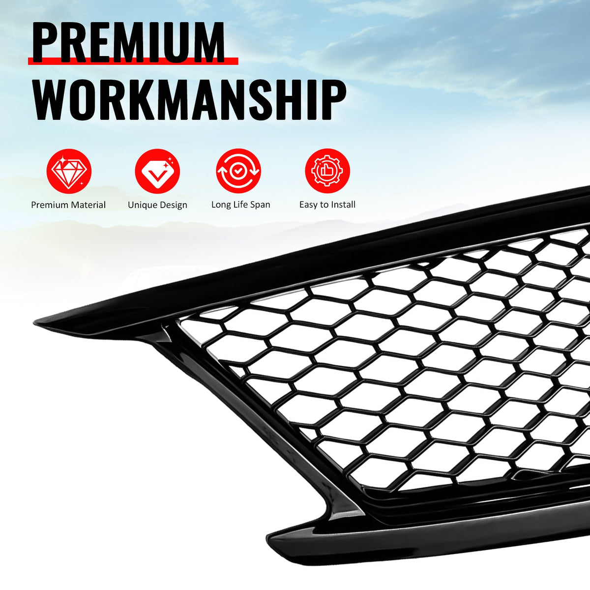 2010-2015 Infiniti G37 G25 Q40 Sedan Honeycomb Style Front Bumper Upper Grille Replacement Gloss Black ABS
