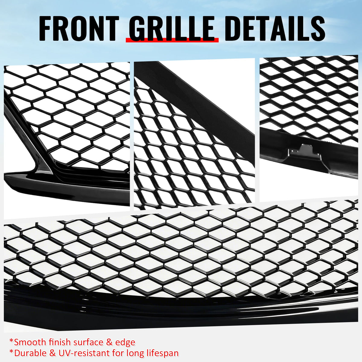 2010-2015 Infiniti G37 G25 Q40 Sedan Honeycomb Style Front Bumper Upper Grille Replacement Gloss Black ABS