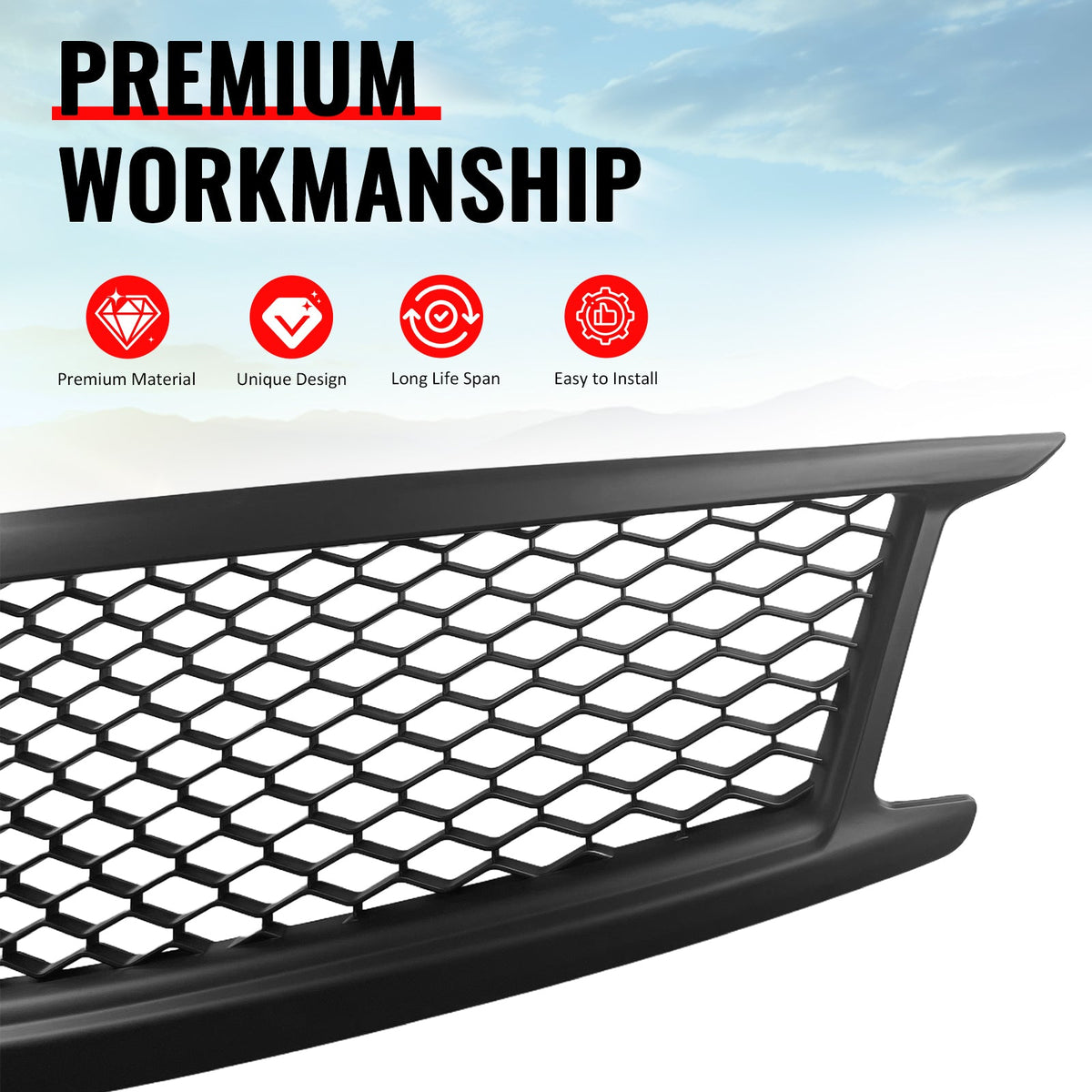 2010-2015 Infiniti G37 G25 Q40 Sedan Honeycomb Style Front Bumper Upper Grille Replacement Matte Black ABS