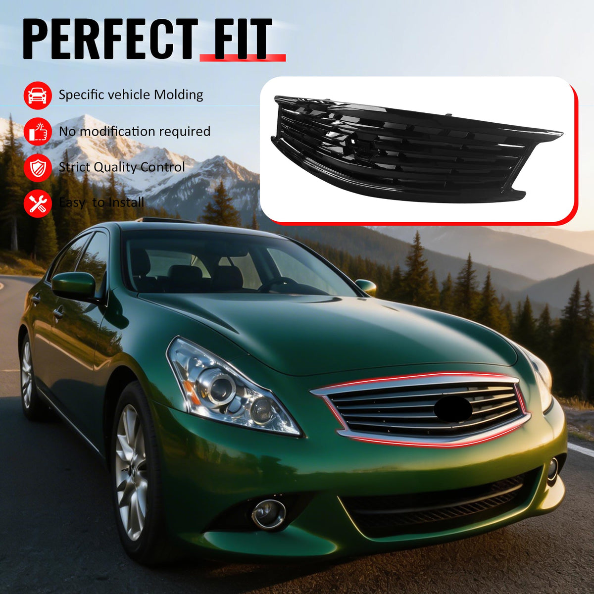 2010-2015 Infiniti G37 G25 Q40 Sedan OE Style Front Bumper Upper Grille Replacement Gloss Black ABS