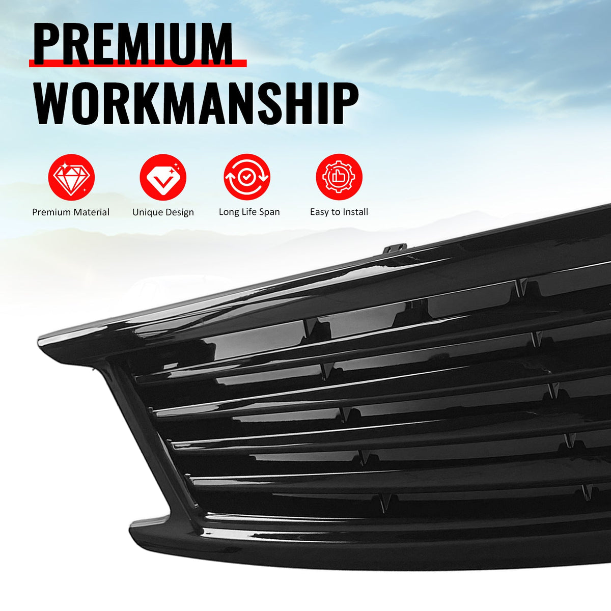 2010-2015 Infiniti G37 G25 Q40 Sedan OE Style Front Bumper Upper Grille Replacement Gloss Black ABS
