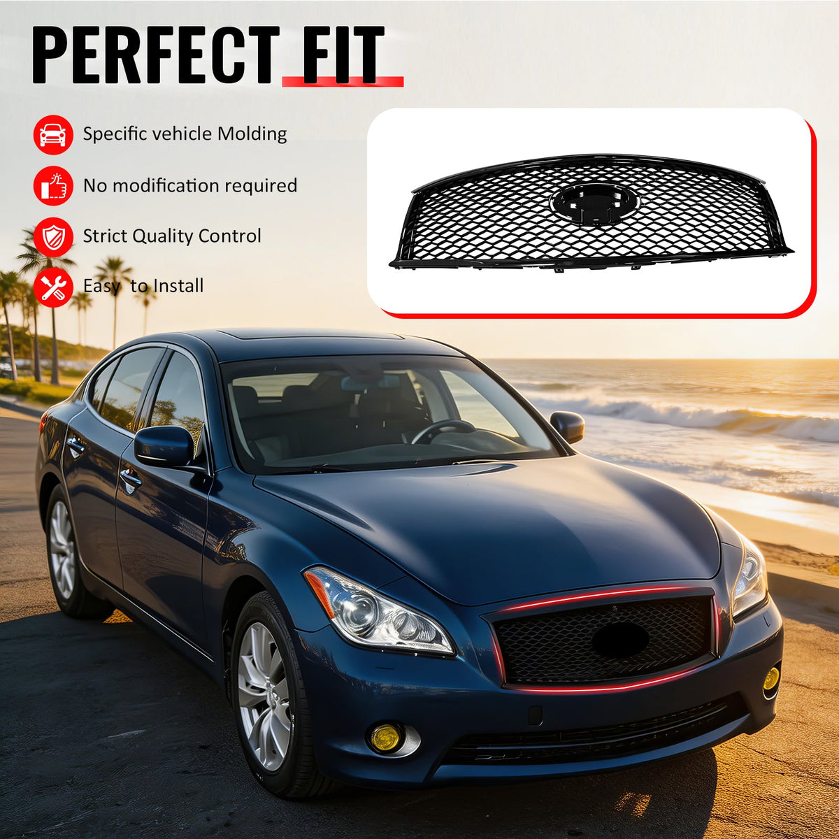 2011-2013 Infiniti M56 M35h M37& 2014-2015 Q70 Honeycomb Style Front Bumper Upper Grille Replacement Gloss Black ABS