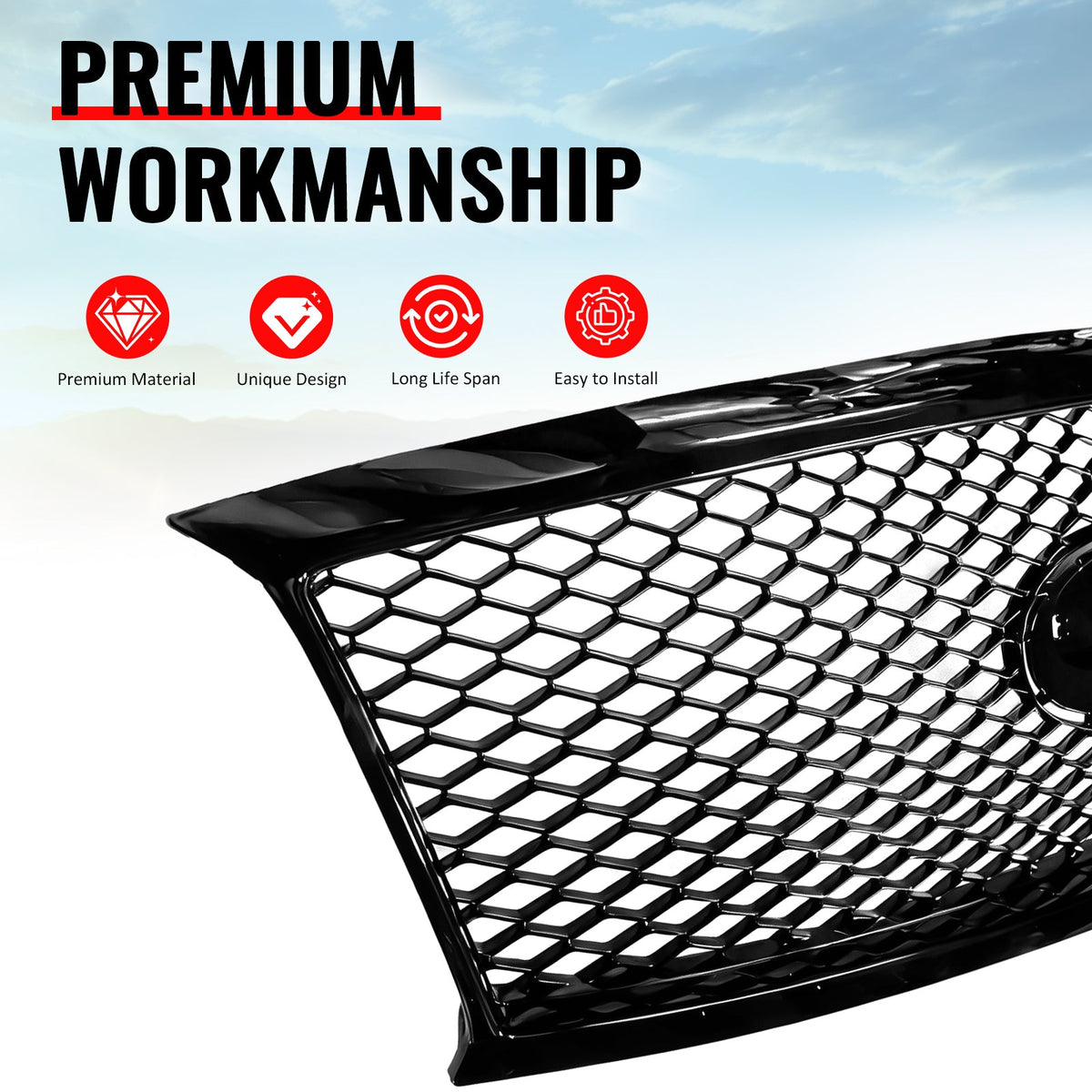 2011-2013 Infiniti M56 M35h M37& 2014-2015 Q70 Honeycomb Style Front Bumper Upper Grille Replacement Gloss Black ABS