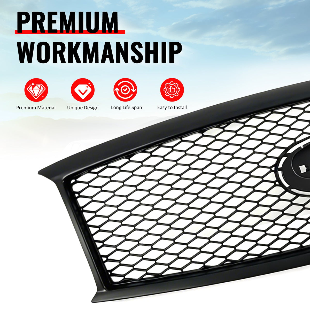2011-2013 Infiniti M56 M35h M37& 2014-2015 Q70 Honeycomb Style Front Bumper Upper Grille Replacement Matte Black ABS