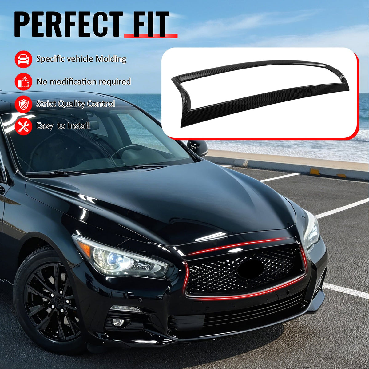 2014-2017 Infiniti Q50 OE Style Front Bumper Upper Grille Frame Trim Replacement Carbon Fiber Print ABS