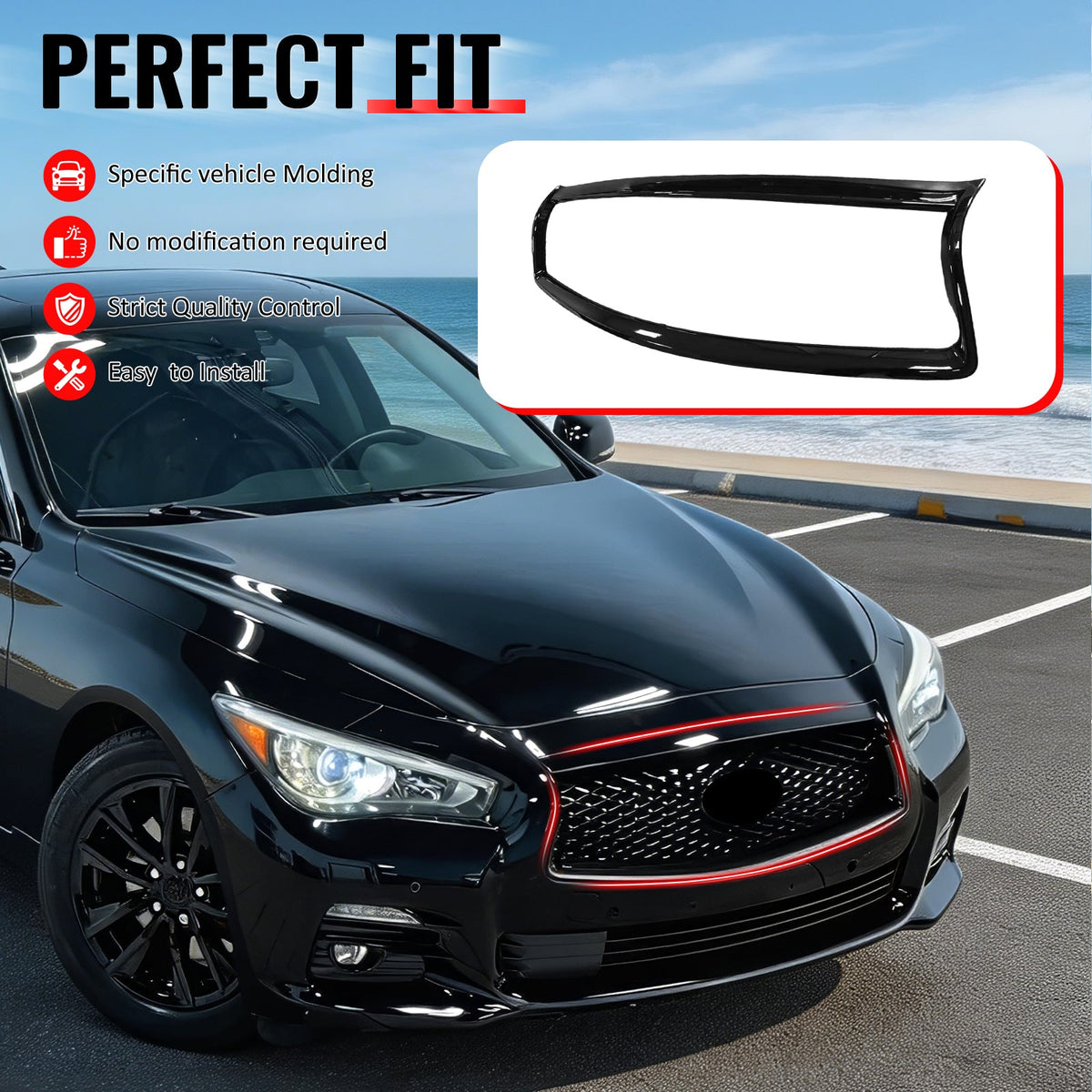 2014-2017 Infiniti Q50 OE Style Front Bumper Upper Grille Frame Trim Replacement Gloss Black ABS