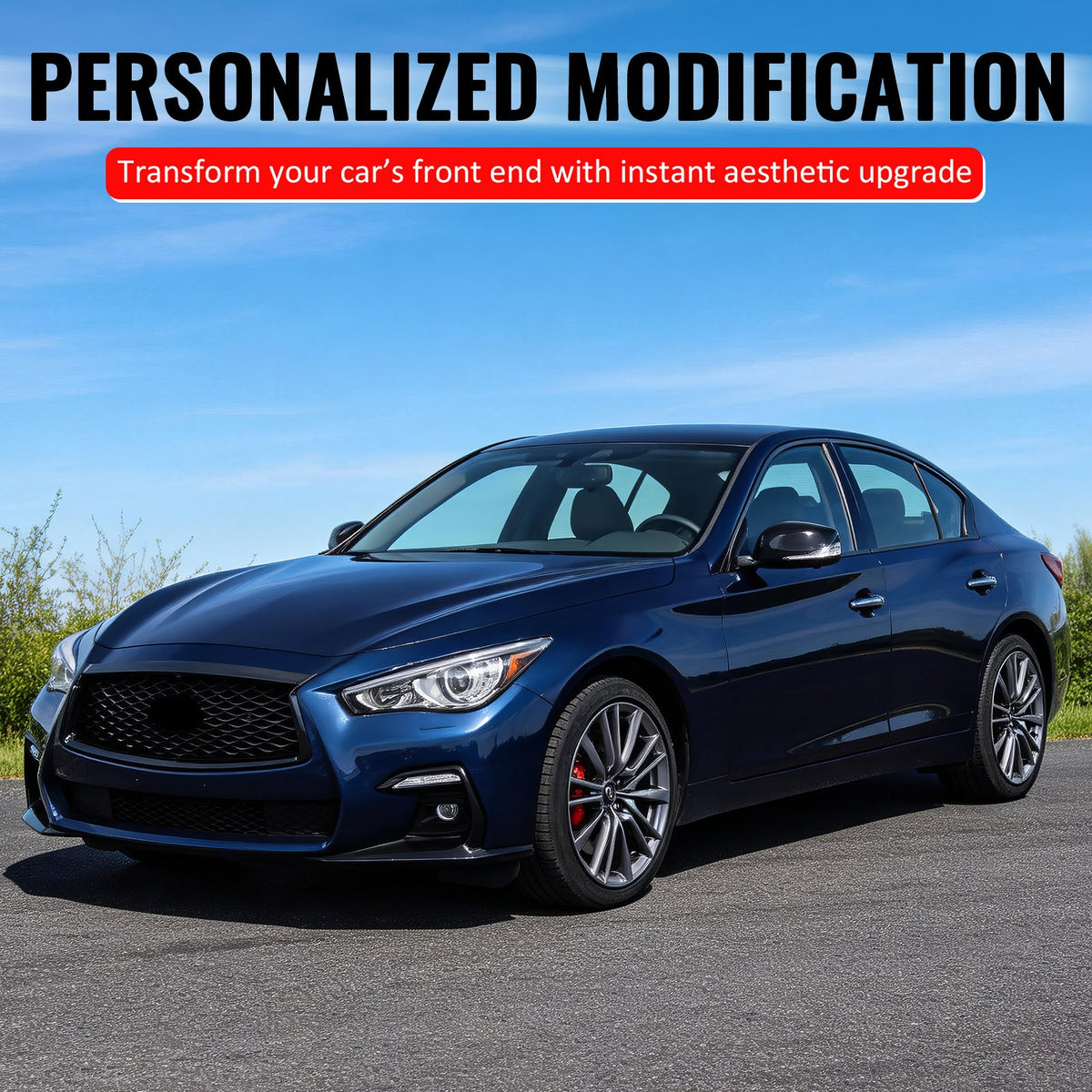 2018-2024 Infiniti Q50 OE Style Front Bumper Upper Grille Frame Trim Replacement Gloss Black ABS