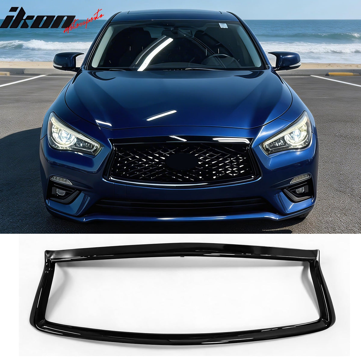 2018-2024 Infiniti Q50 OE Style Front Bumper Upper Grille Frame Trim Replacement Gloss Black ABS